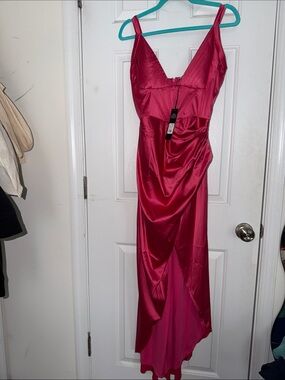 Satin V-Neck Fuchsia Evening Dress